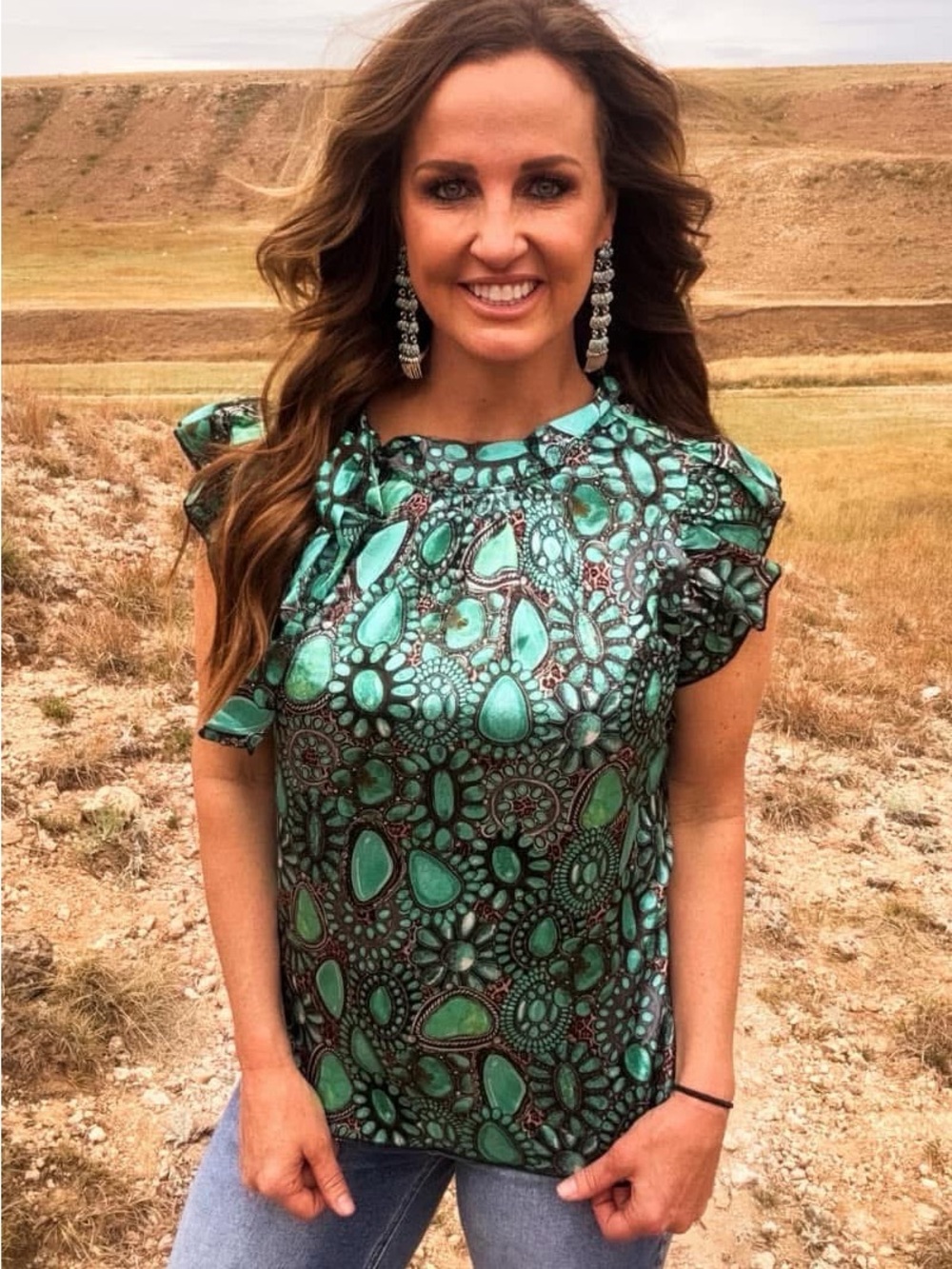 Teal Patterned Ruffle-Sleeve Blouse for Women